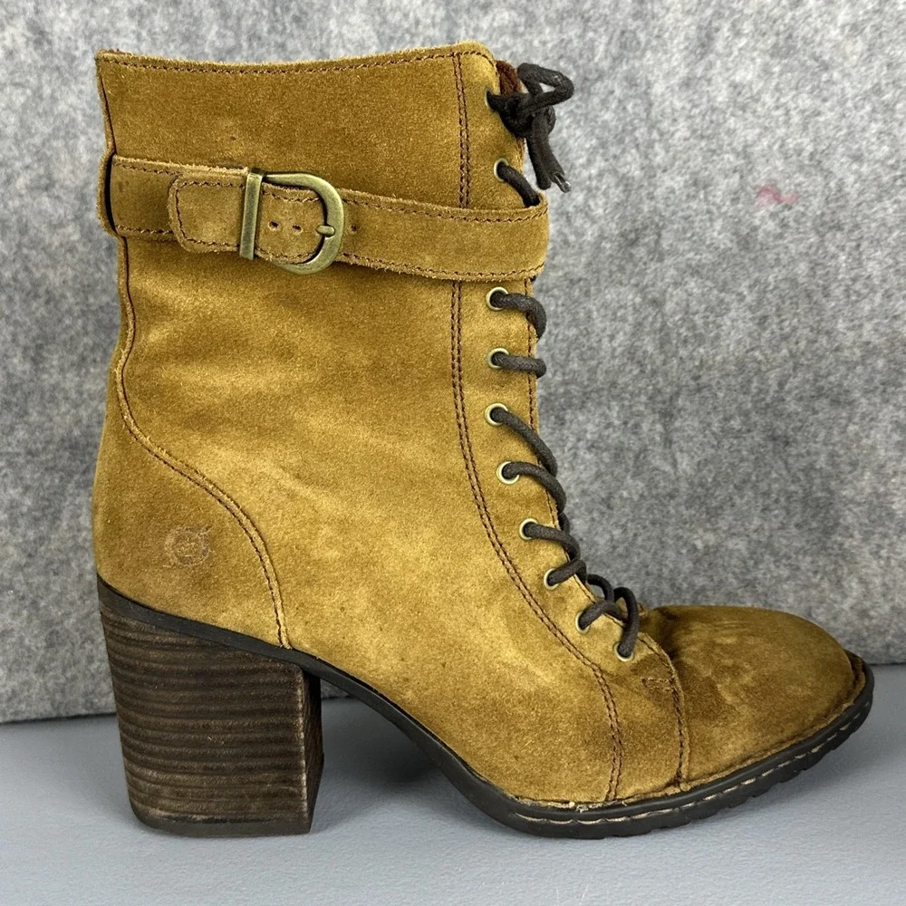 BORN Boots Women's 10 M Brown Cass Suede Block Heel Lace Up & Zip Buckle F34826